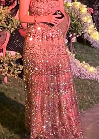 Boncuk İşlemeli Uzun Bej Kadın Elbise - Görsel 7