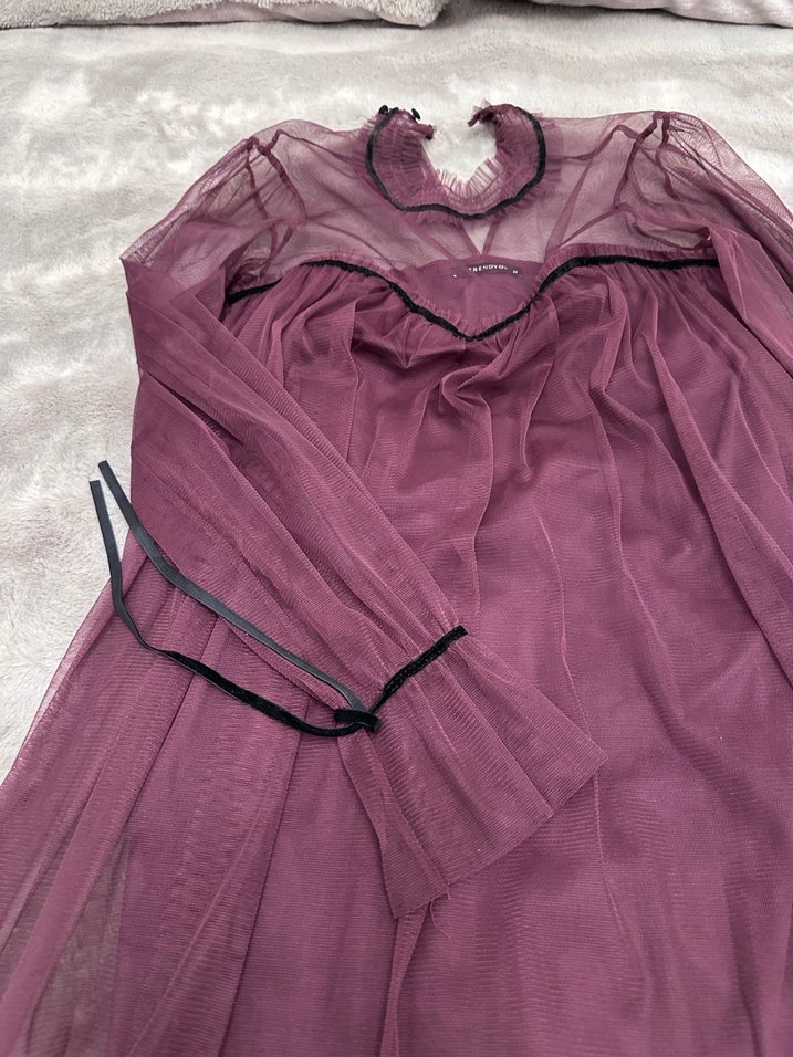 Mor Uzun Kollu Midi Gotik Elbise - Görsel 2