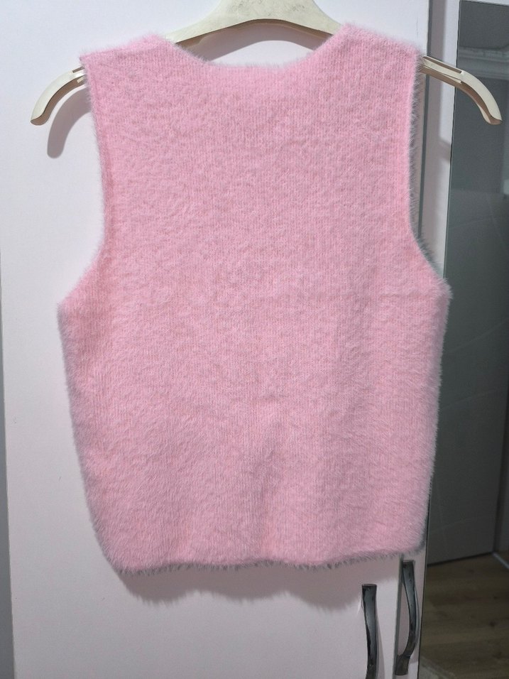 Düğmeli Pembe Kısa Triko Yelek/ Süveter - Görsel 2
