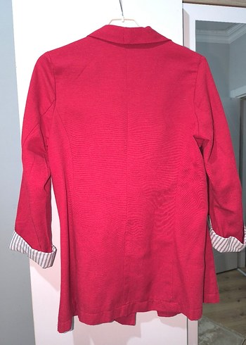 Kırmızı Kadın Keten Düğmeli Midi Ceket - Görsel 3