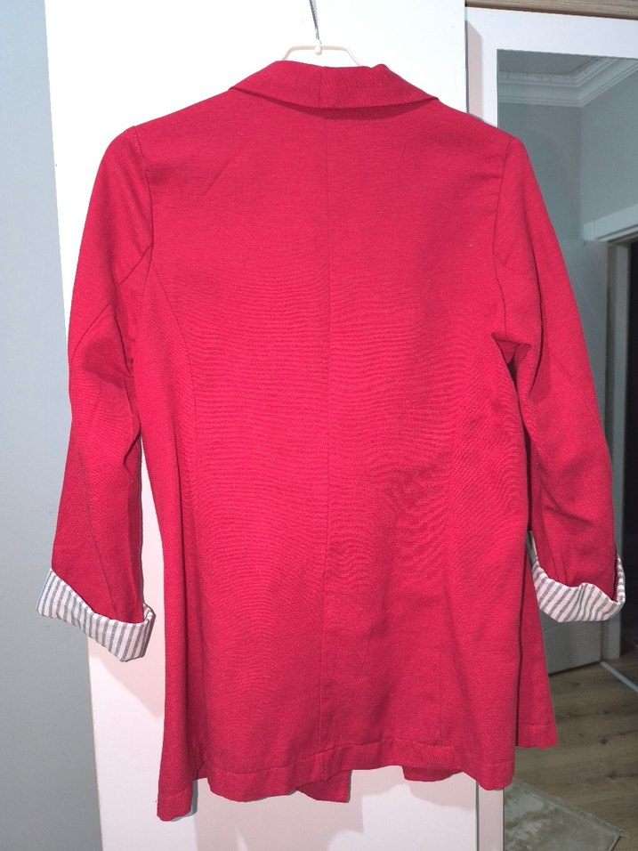 Kırmızı Kadın Keten Düğmeli Midi Ceket - Görsel 3