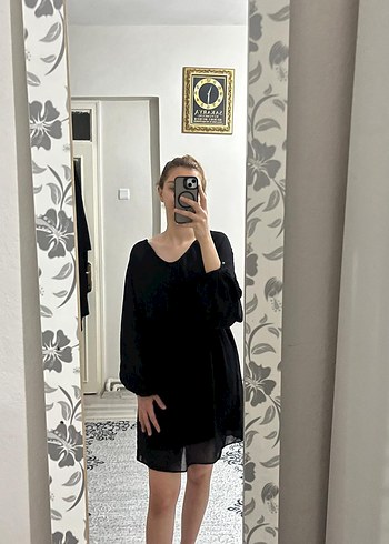 Siyah Mini Transparan V Yaka Uzun Kollu Elbise
