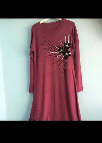 Bordo Nakışlı Uzun Kollu Triko Tunik