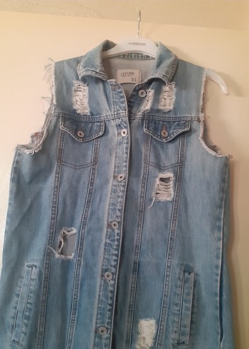 m Beden Düğmeli Kolsuz Mavi Denim yirtik moda yelek