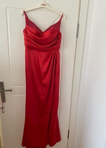 Kırmızı Drapeli V Yakalı Kadın Abiye Elbise - Görsel 4