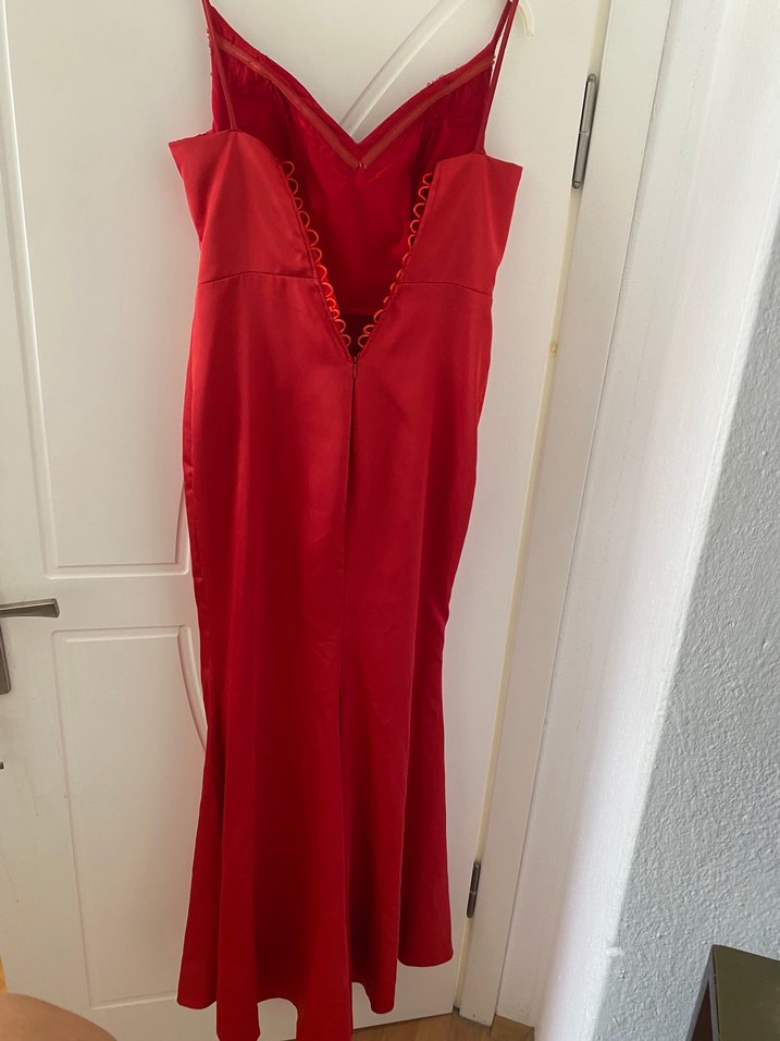 Kırmızı Drapeli V Yakalı Kadın Abiye Elbise - Görsel 5