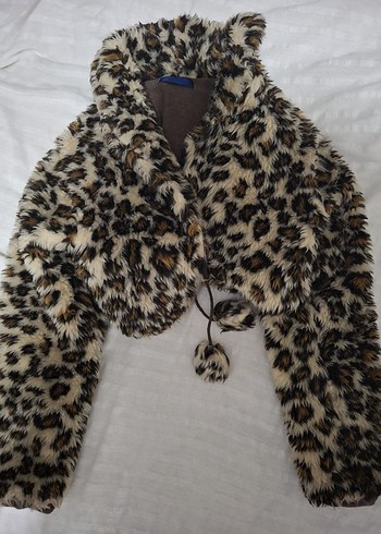 38 Beden kahverengi Renk Leopar Desenli Suni Kürk Halter Yaka Midi Ceket