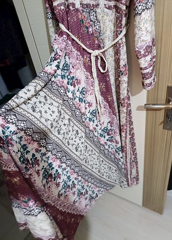 Bohem Çok Renkli Uzun Kollu Uzun Elbise - Görsel 2