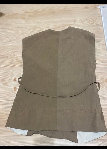 Düğmeli Kahverengi Keten Kadın Yelek - Görsel 4