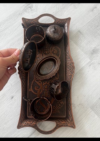 Diyarbakır seti Kahverengi İşlemeli Tepsi ve Kahve Seti - Görsel 3