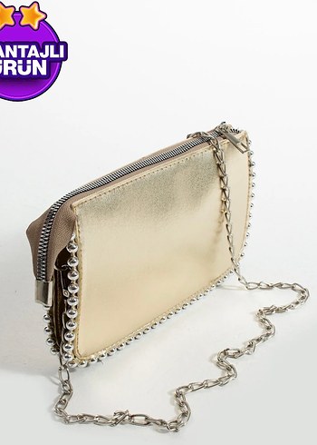 Zincir Detaylı Altın Kadın Deri Çanta - Görsel 2
