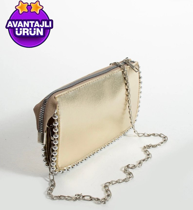 Zincir Detaylı Altın Kadın Deri Çanta - Görsel 2