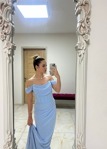 Mavi Drapeli Uzun Abiye Elbise - Görsel 5