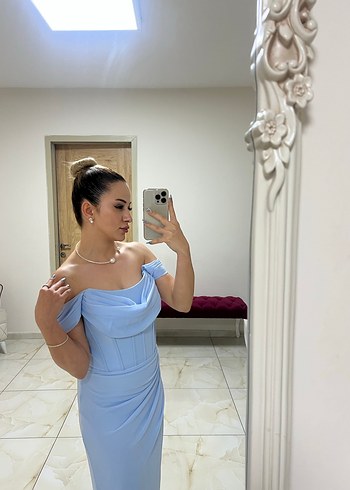 Mavi Drapeli Uzun Abiye Elbise - Görsel 6