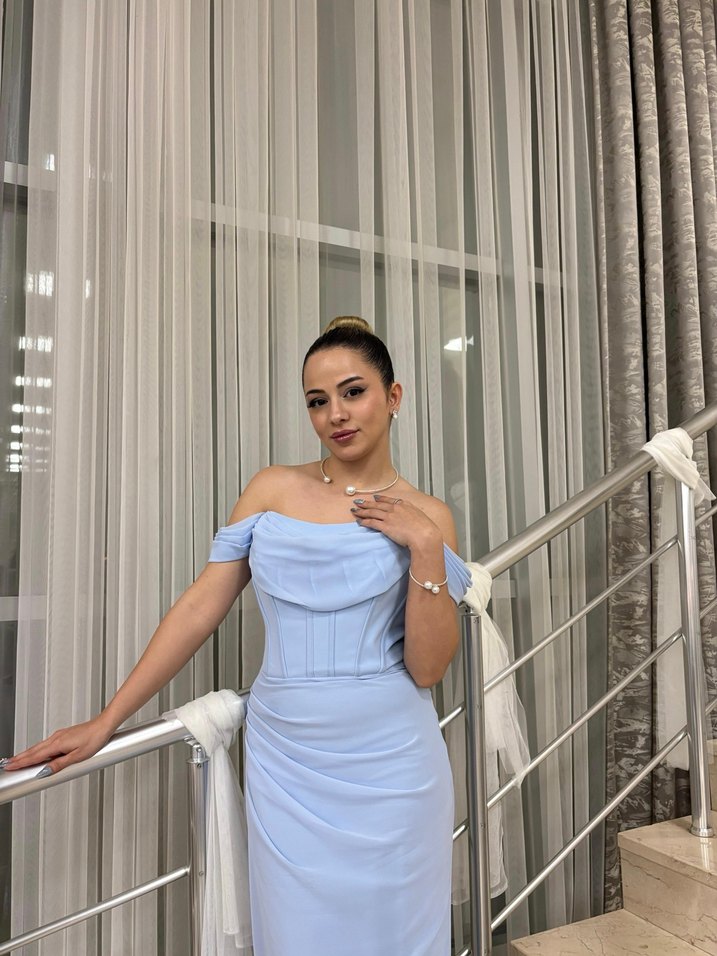 Mavi Drapeli Uzun Abiye Elbise - Görsel 3