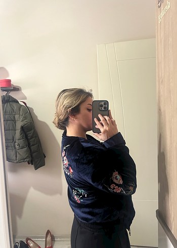 Nakışlı Fermuarlı Kadın Mavi Ceket - Görsel 4