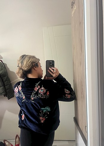 Nakışlı Fermuarlı Kadın Mavi Ceket - Görsel 7