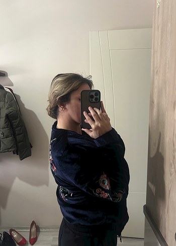 Nakışlı Fermuarlı Kadın Mavi Ceket - Görsel 3