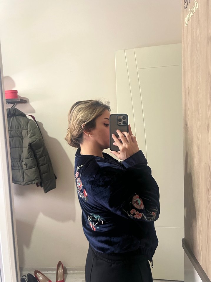 Nakışlı Fermuarlı Kadın Mavi Ceket - Görsel 4