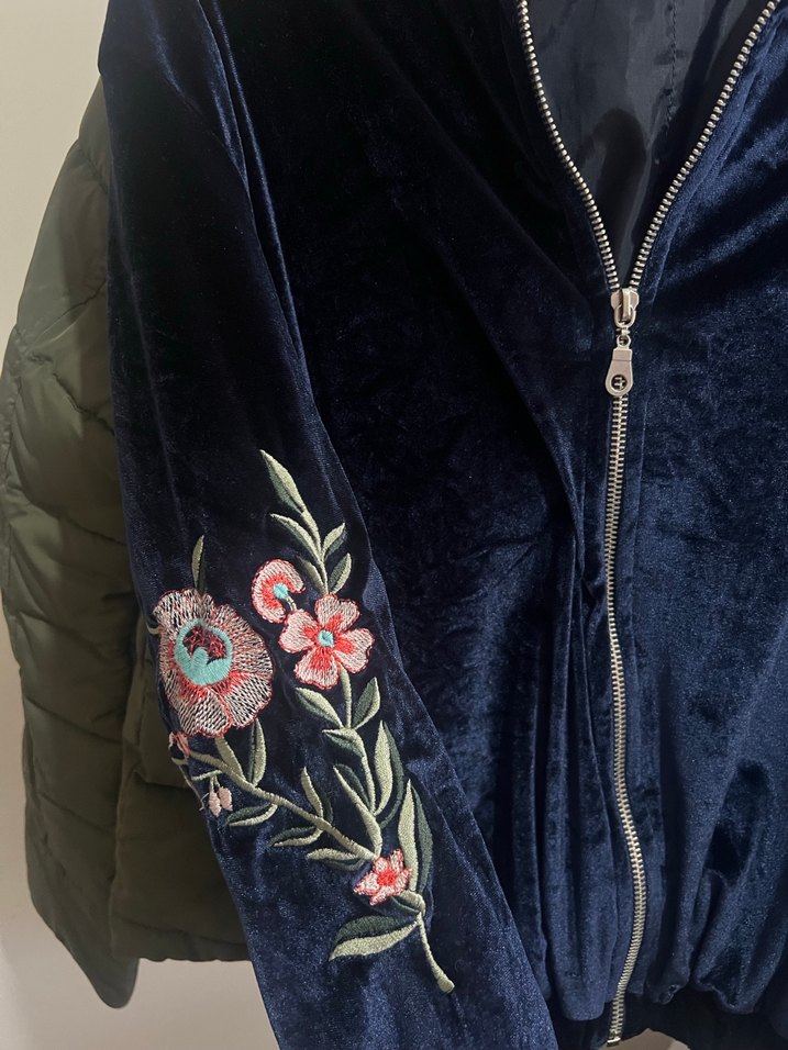 Nakışlı Fermuarlı Kadın Mavi Ceket - Görsel 2