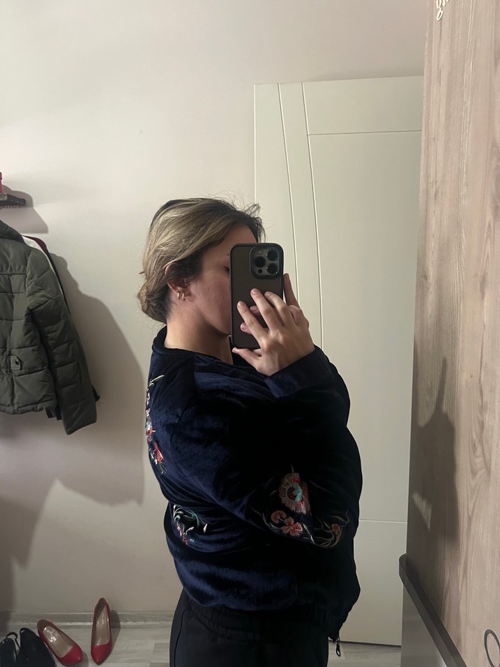 Nakışlı Fermuarlı Kadın Mavi Ceket - Görsel 3