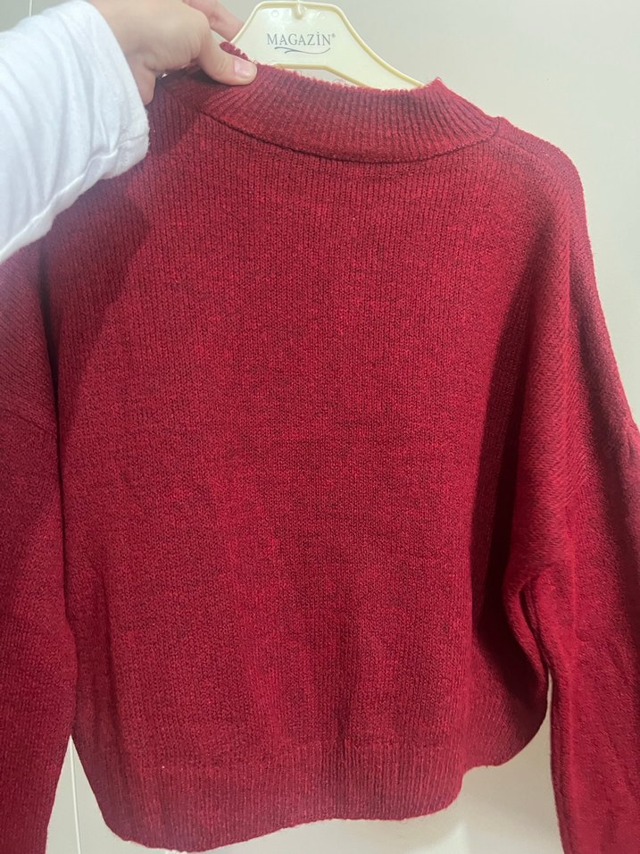 Bordo Yün Kadın Kazak, Bisiklet Yaka, İnce Kesim - Görsel 5