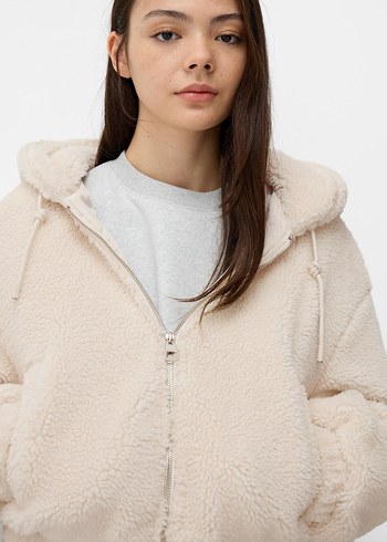 Bej Kapüşonlu Kürk Detaylı Kadın Ceket - Görsel 12