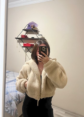 Bej Kapüşonlu Kürk Detaylı Kadın Ceket - Görsel 6