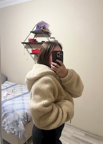 Bej Kapüşonlu Kürk Detaylı Kadın Ceket - Görsel 8