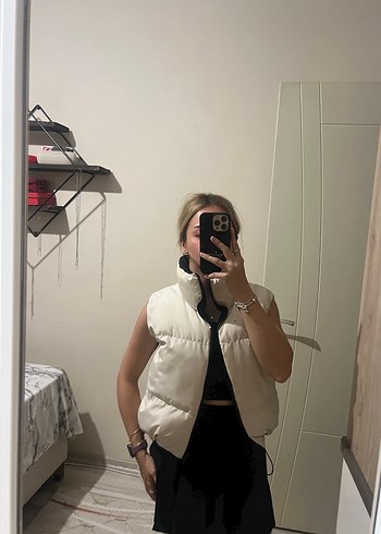 Beyaz Kadın Şişme Yelek Yüksek Yakalı - Görsel 3