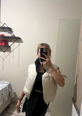 Beyaz Kadın Şişme Yelek Yüksek Yakalı - Görsel 5