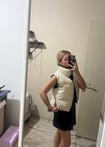 Beyaz Kadın Şişme Yelek Yüksek Yakalı - Görsel 4