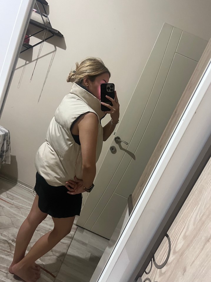 Beyaz Kadın Şişme Yelek Yüksek Yakalı - Görsel 2