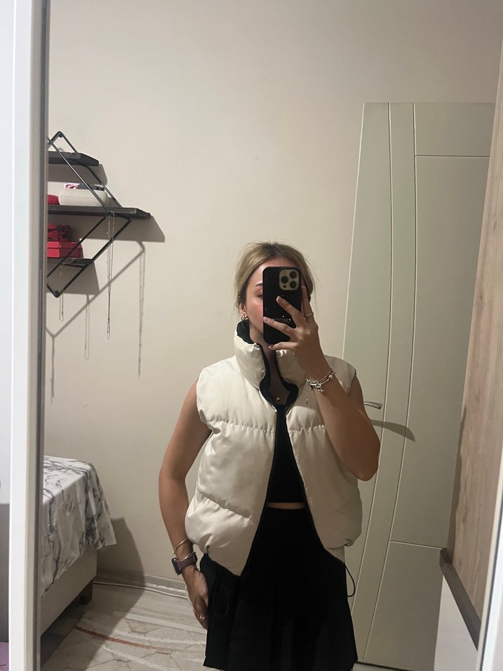 Beyaz Kadın Şişme Yelek Yüksek Yakalı - Görsel 3