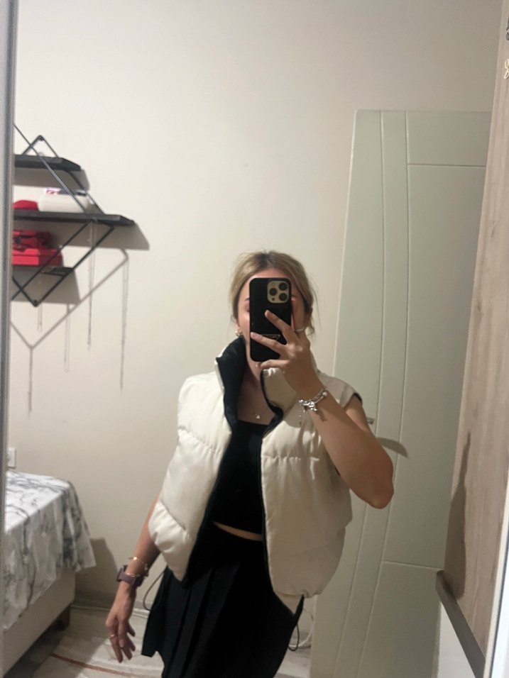 Beyaz Kadın Şişme Yelek Yüksek Yakalı - Görsel 5