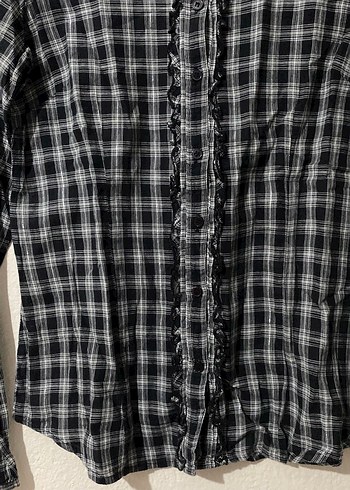 Koton Gri Kareli Işıltılı Uzun Kollu Keten Kadın Gömlek - Görsel 3