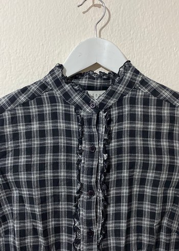 Koton Gri Kareli Işıltılı Uzun Kollu Keten Kadın Gömlek - Görsel 2