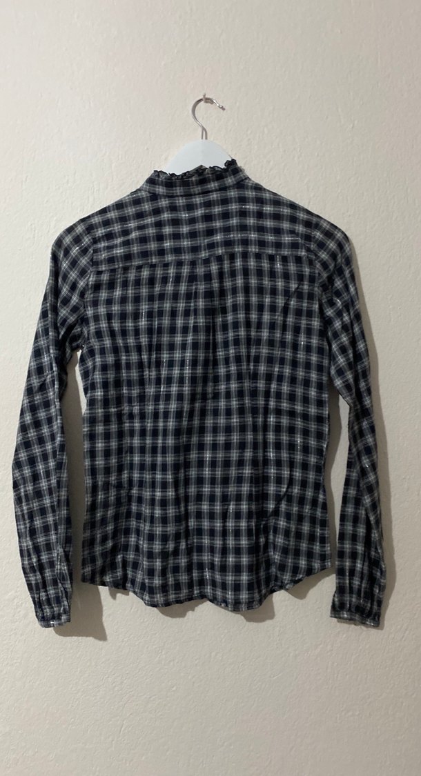 Koton Gri Kareli Işıltılı Uzun Kollu Keten Kadın Gömlek - Görsel 4