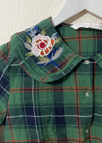 Zara Nakışlı Yakalı Düğmeli Yeşil Kadın Gömlek - Görsel 3