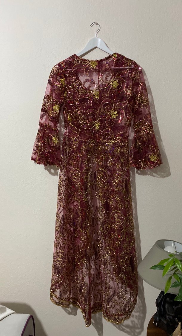 Kına gecesi kostümü Bordo İşlemeli Uzun Elbise ve saç takısı - Görsel 4