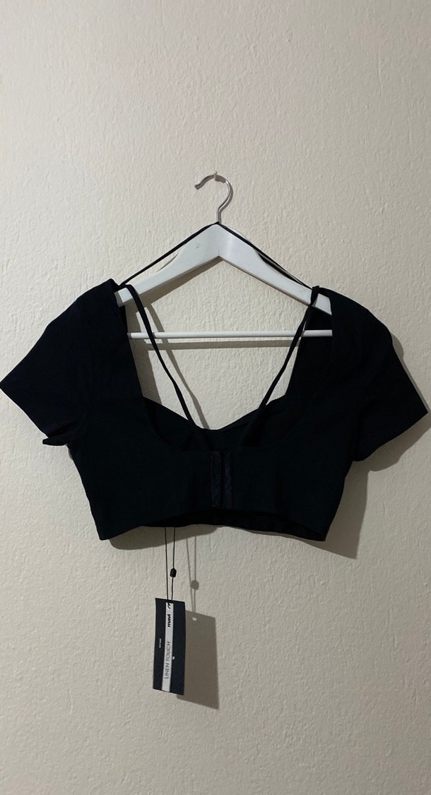 Mavi V Yaka Mini Strappy Bluz crop - Görsel 3