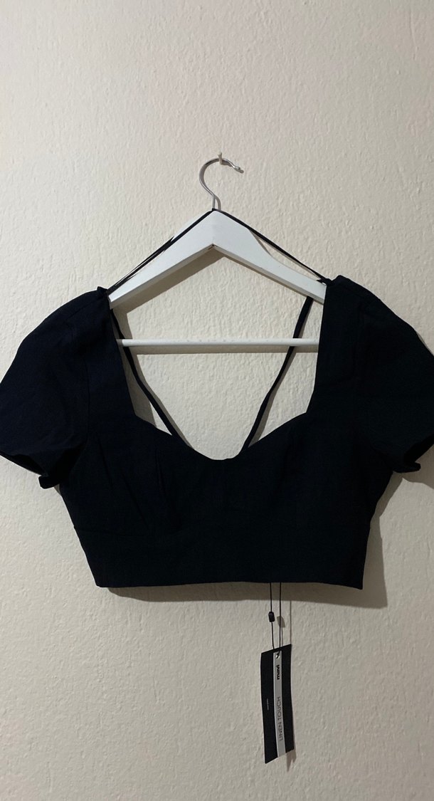 Mavi V Yaka Mini Strappy Bluz crop - Görsel 2