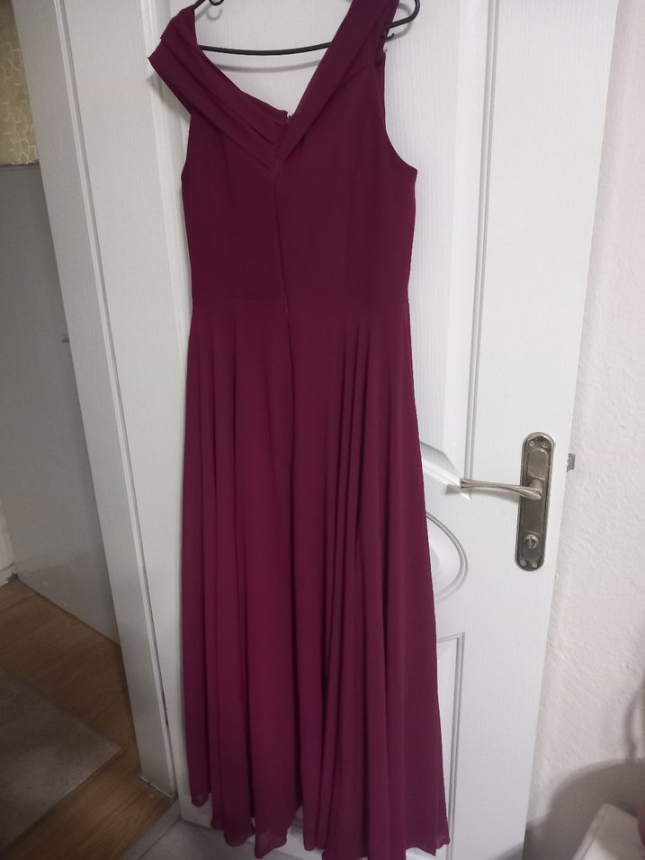 Bordo V Yaka Drapeli Uzun Abiye Elbise - Görsel 4