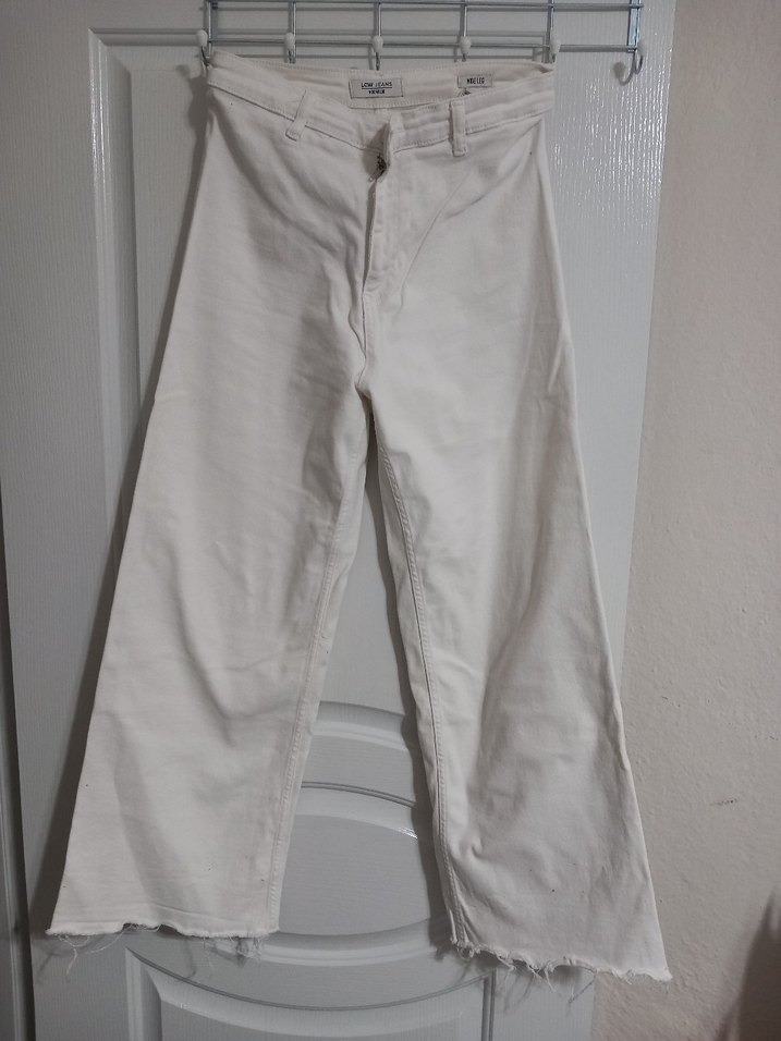 Düğmeli Bol Kesim Beyaz Kadın Keten Pantolon - Görsel 3