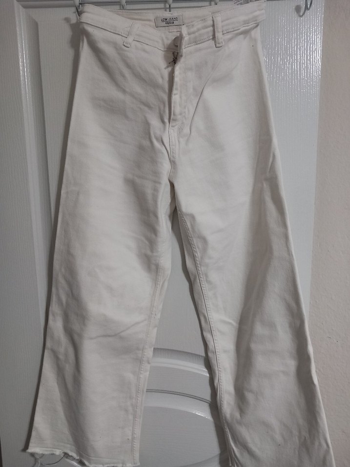 Düğmeli Bol Kesim Beyaz Kadın Keten Pantolon - Görsel 2