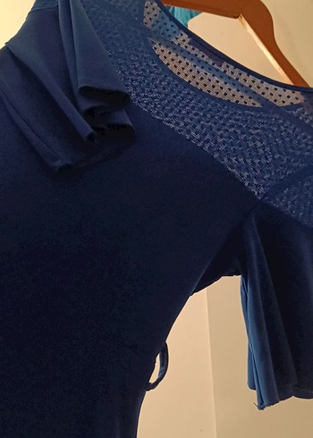 Mavi V Yaka Midi Salaş Elbise - Görsel 5