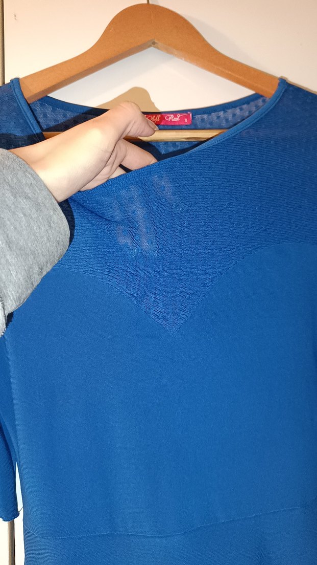 Mavi V Yaka Midi Salaş Elbise - Görsel 3