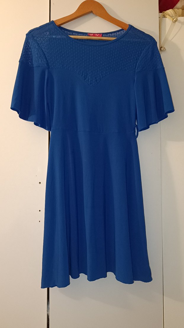 Mavi V Yaka Midi Salaş Elbise - Görsel 2