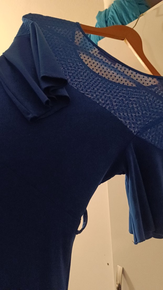 Mavi V Yaka Midi Salaş Elbise - Görsel 5