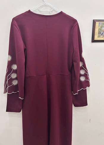 l Beden Bordo Nakış Detaylı Uzun Kollu Kadın Elbise